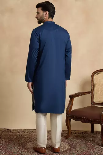 Blue silk blend embroidered kurta with trouser set | mandarin collar ethnic wear for men