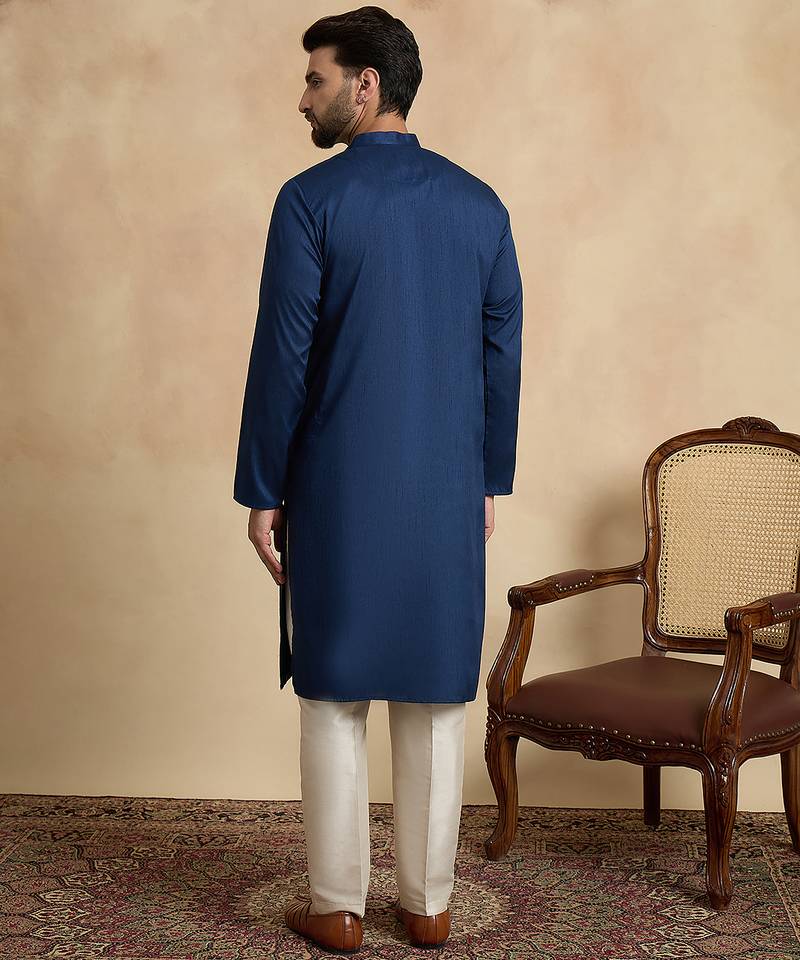 Blue silk blend embroidered kurta with trouser set | mandarin collar ethnic wear for men