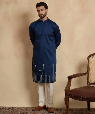 Blue silk blend embroidered kurta with trouser set | mandarin collar ethnic wear for men 5