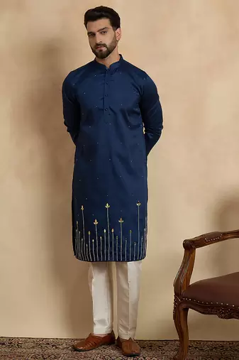 Blue silk blend embroidered kurta with trouser set | mandarin collar ethnic wear for men