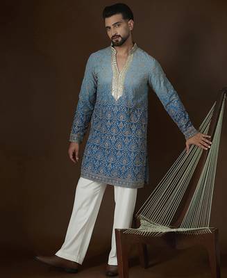 Blue georgette embroidered kurta with trouser set | mandarin collar ethnic wear for men 2