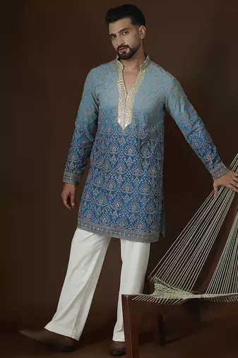 Blue georgette embroidered kurta with trouser set | mandarin collar ethnic wear for men