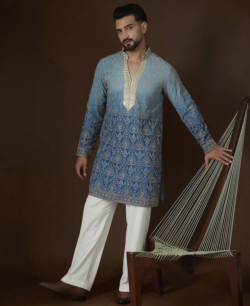 Blue georgette embroidered kurta with trouser set | mandarin collar ethnic wear for men