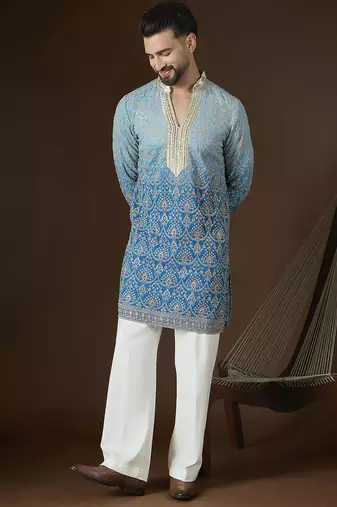 Blue georgette embroidered kurta with trouser set | mandarin collar ethnic wear for men