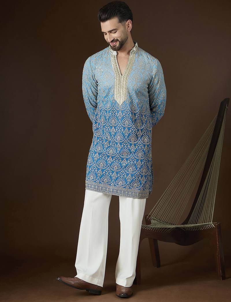 Blue georgette embroidered kurta with trouser set | mandarin collar ethnic wear for men
