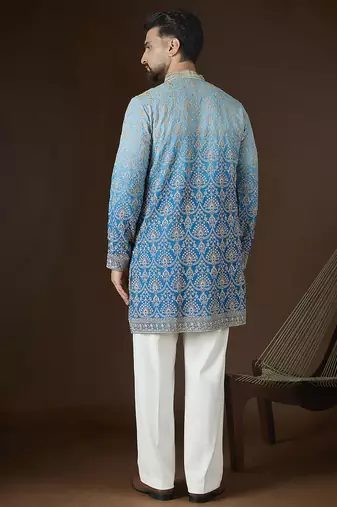 Blue georgette embroidered kurta with trouser set | mandarin collar ethnic wear for men