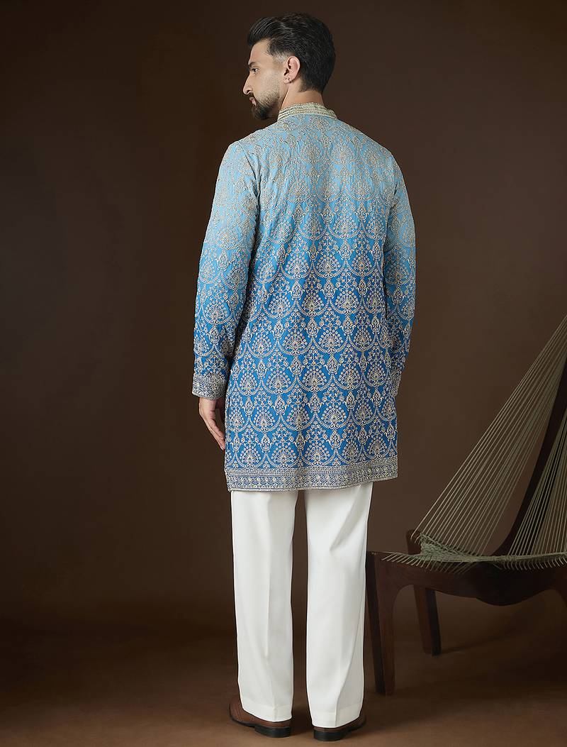 Blue georgette embroidered kurta with trouser set | mandarin collar ethnic wear for men