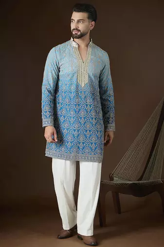 Blue georgette embroidered kurta with trouser set | mandarin collar ethnic wear for men
