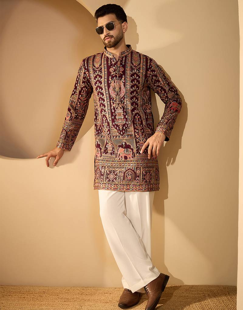 Burgundy georgette embroidered kurta for men | mandarin collar festive ethnic wear
