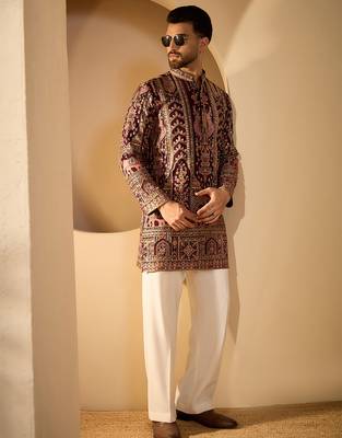 Burgundy georgette embroidered kurta for men | mandarin collar festive ethnic wear 3