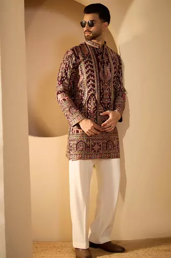 Burgundy georgette embroidered kurta for men | mandarin collar festive ethnic wear