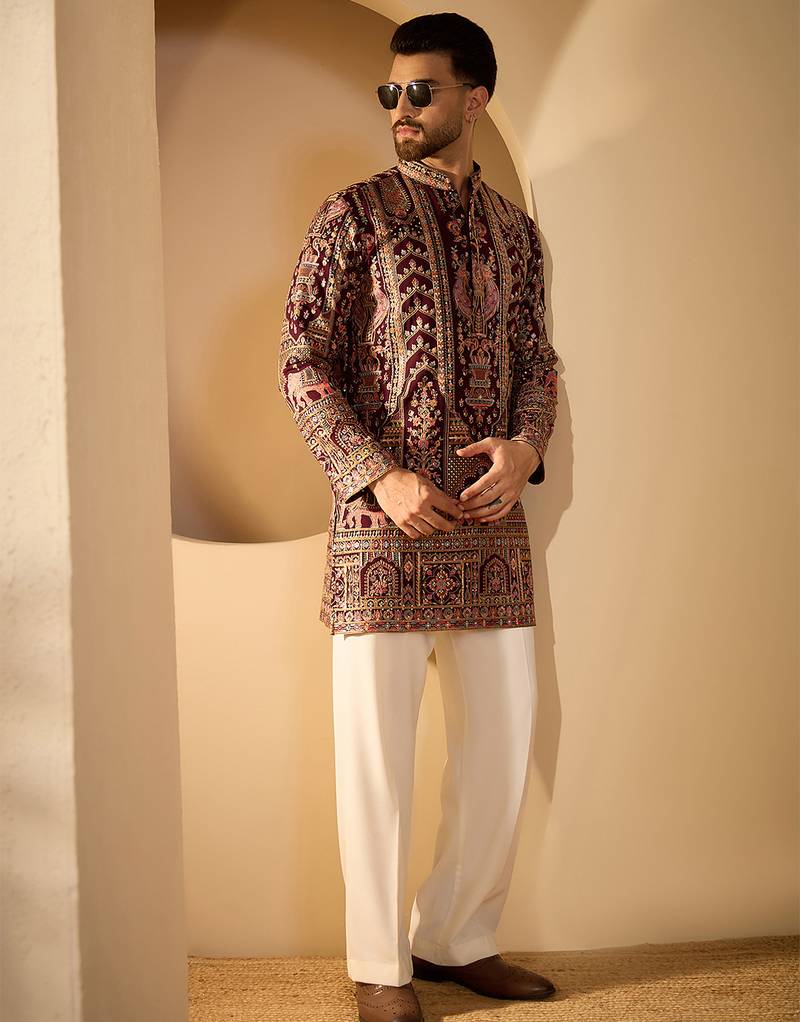 Burgundy georgette embroidered kurta for men | mandarin collar festive ethnic wear