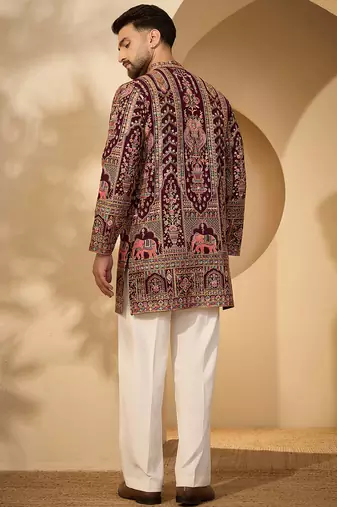 Burgundy georgette embroidered kurta for men | mandarin collar festive ethnic wear