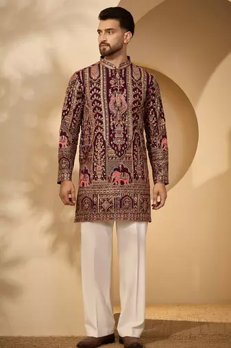 Burgundy georgette embroidered kurta for men | mandarin collar festive ethnic wear