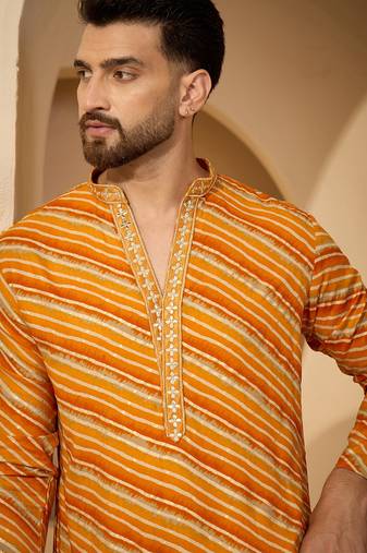 Yellow viscose rayon printed kurta for men | v-neck festive ethnic wear