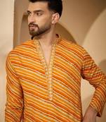 Yellow viscose rayon printed kurta for men | v-neck festive ethnic wear