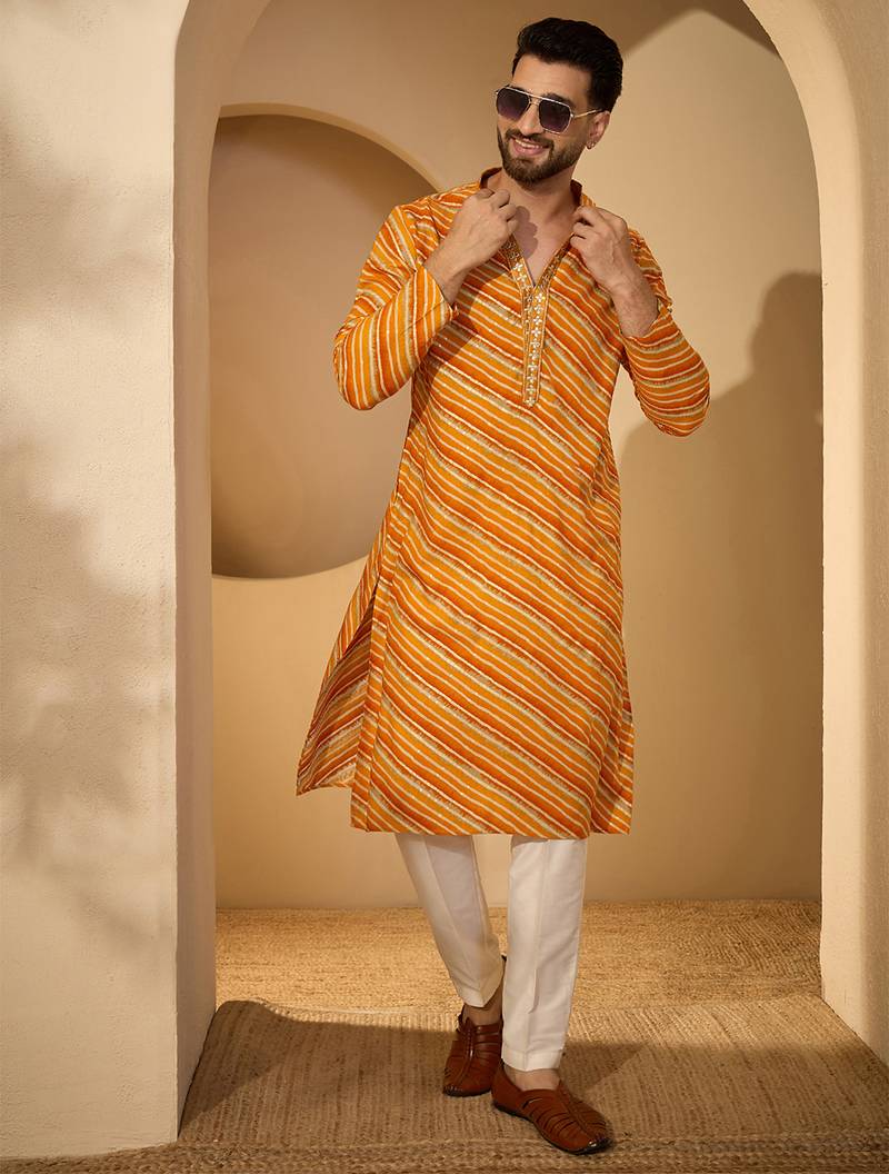 Yellow viscose rayon printed kurta for men | v-neck festive ethnic wear
