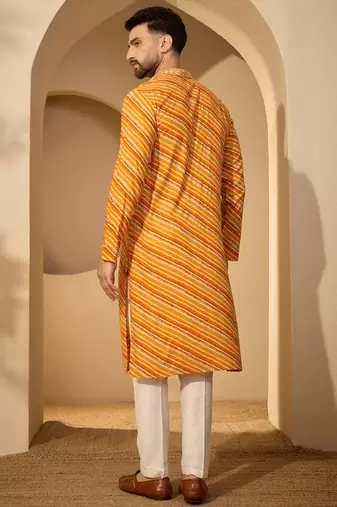 Yellow viscose rayon printed kurta for men | v-neck festive ethnic wear