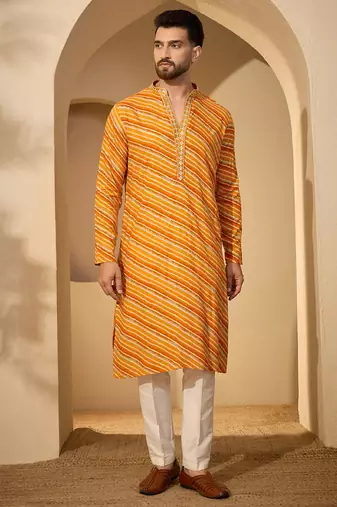 Yellow viscose rayon printed kurta for men | v-neck festive ethnic wear