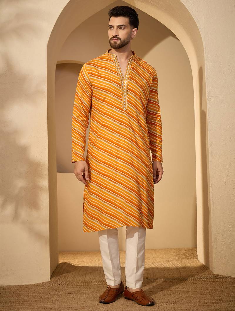 Yellow viscose rayon printed kurta for men | v-neck festive ethnic wear