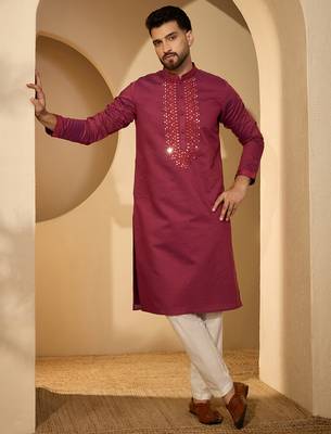 Fuchsia jacquard embroidered kurta for men | mandarin collar festive ethnic wear 2