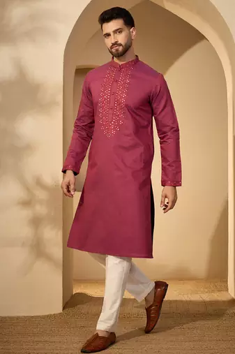 Fuchsia jacquard embroidered kurta for men | mandarin collar festive ethnic wear