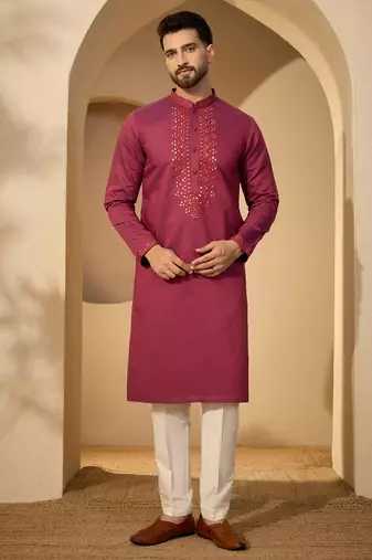Fuchsia jacquard embroidered kurta for men | mandarin collar festive ethnic wear
