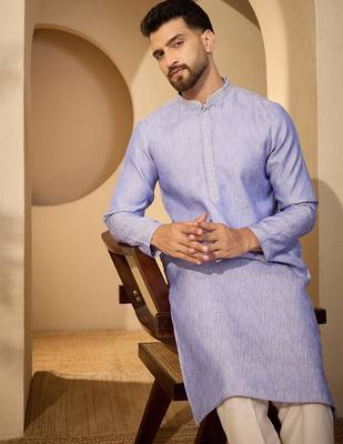 Blue jacquard woven design kurta for men | mandarin collar festive ethnic wear 1