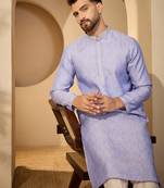 Blue jacquard woven design kurta for men | mandarin collar festive ethnic wear