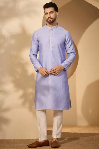 Blue jacquard woven design kurta for men | mandarin collar festive ethnic wear