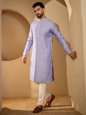 Blue jacquard woven design kurta for men | mandarin collar festive ethnic wear 3