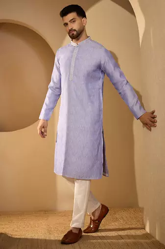 Blue jacquard woven design kurta for men | mandarin collar festive ethnic wear