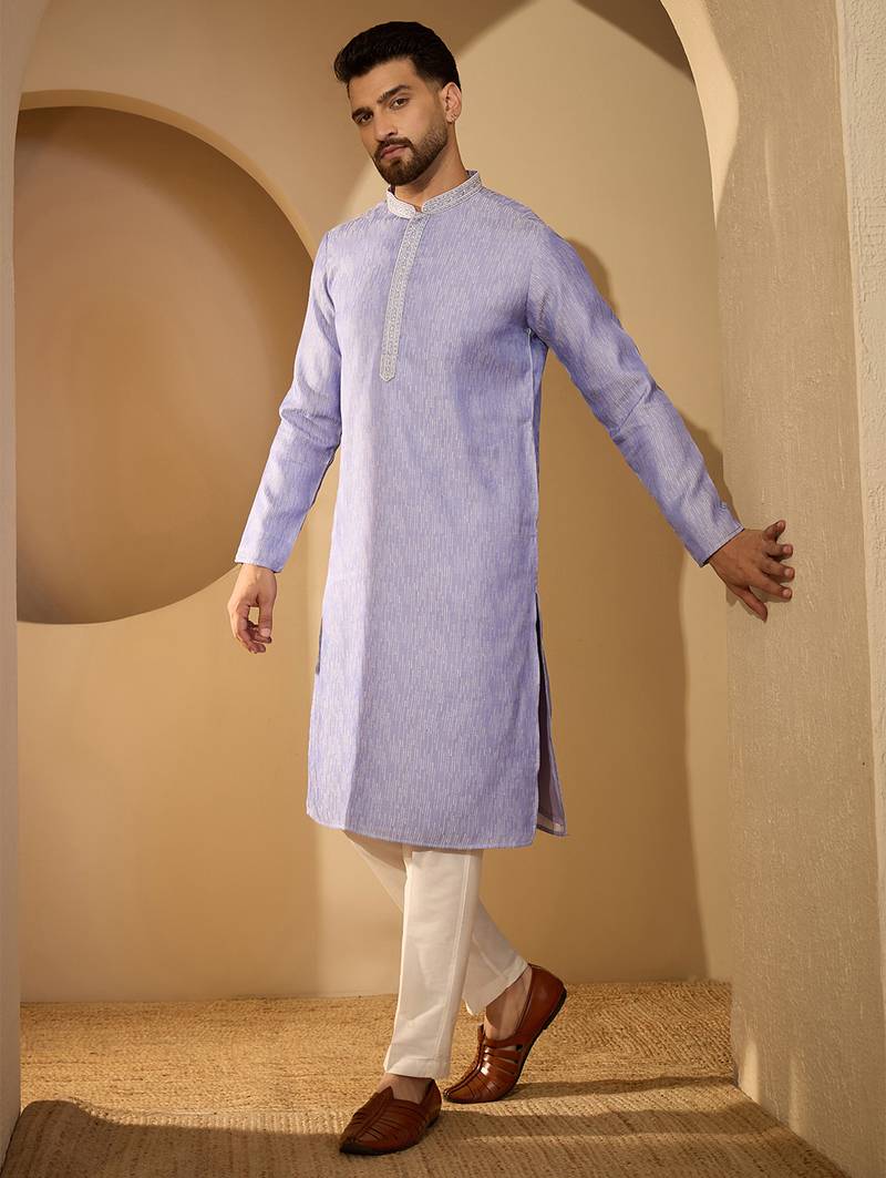 Blue jacquard woven design kurta for men | mandarin collar festive ethnic wear