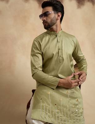 Green silk blend embroidered kurta for men | mandarin collar festive ethnic wear 1