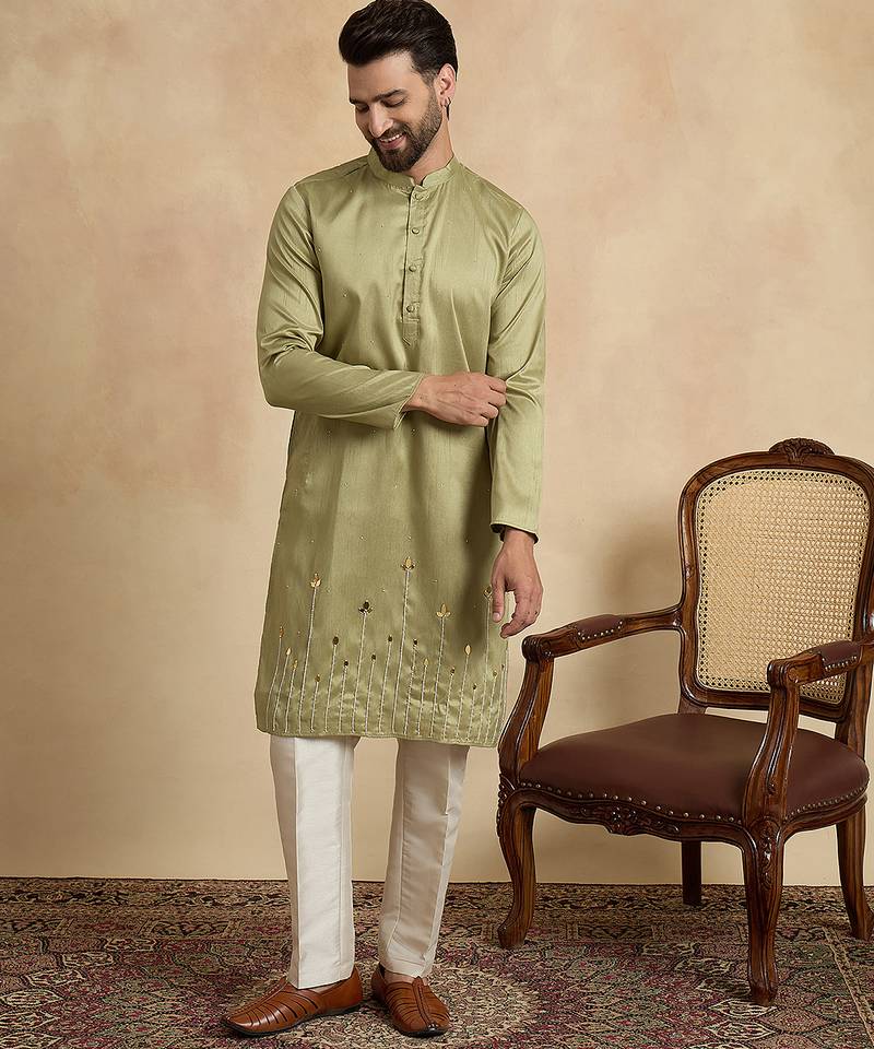 Green silk blend embroidered kurta for men | mandarin collar festive ethnic wear