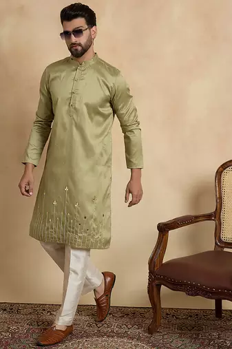 Green silk blend embroidered kurta for men | mandarin collar festive ethnic wear