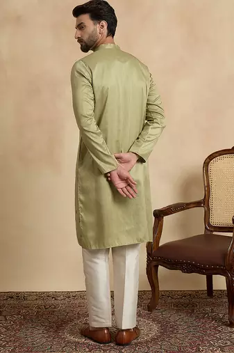 Green silk blend embroidered kurta for men | mandarin collar festive ethnic wear