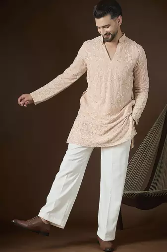 Peach georgette embroidered kurta for men | v-neck festive ethnic wear