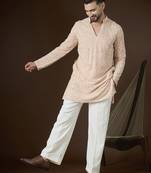 Peach georgette embroidered kurta for men | v-neck festive ethnic wear