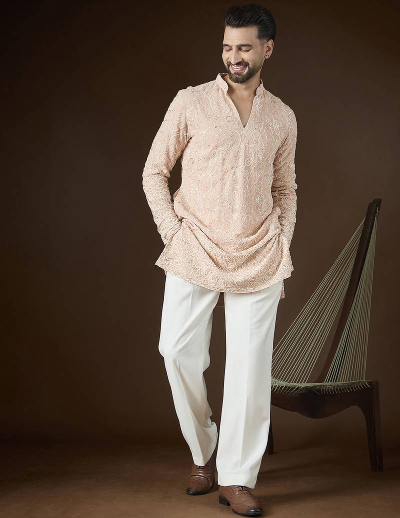 Peach georgette embroidered kurta for men | v-neck festive ethnic wear