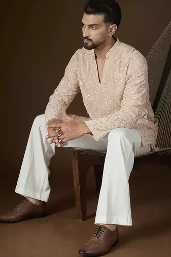 Peach georgette embroidered kurta for men | v-neck festive ethnic wear
