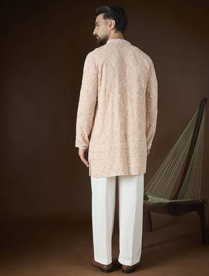 Peach georgette embroidered kurta for men | v-neck festive ethnic wear 4