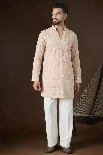 Peach georgette embroidered kurta for men | v-neck festive ethnic wear