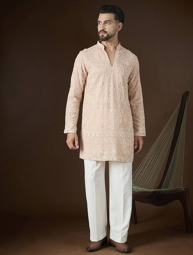 Peach georgette embroidered kurta for men | v-neck festive ethnic wear