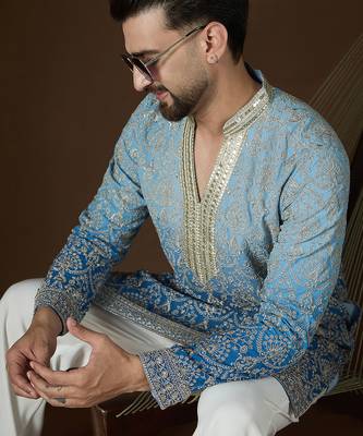 Blue georgette embroidered kurta for men | mandarin collar festive ethnic wear 1