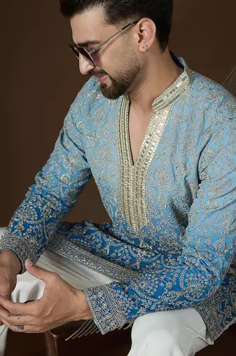 Blue georgette embroidered kurta for men | mandarin collar festive ethnic wear