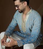 Blue georgette embroidered kurta for men | mandarin collar festive ethnic wear