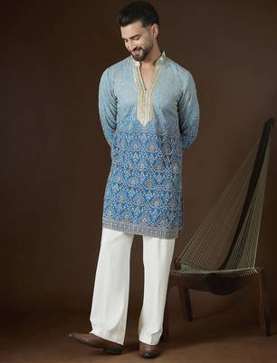 Blue georgette embroidered kurta for men | mandarin collar festive ethnic wear 3