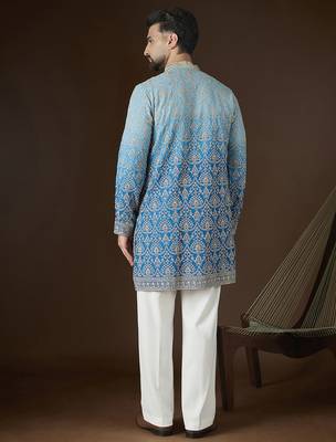 Blue georgette embroidered kurta for men | mandarin collar festive ethnic wear 4