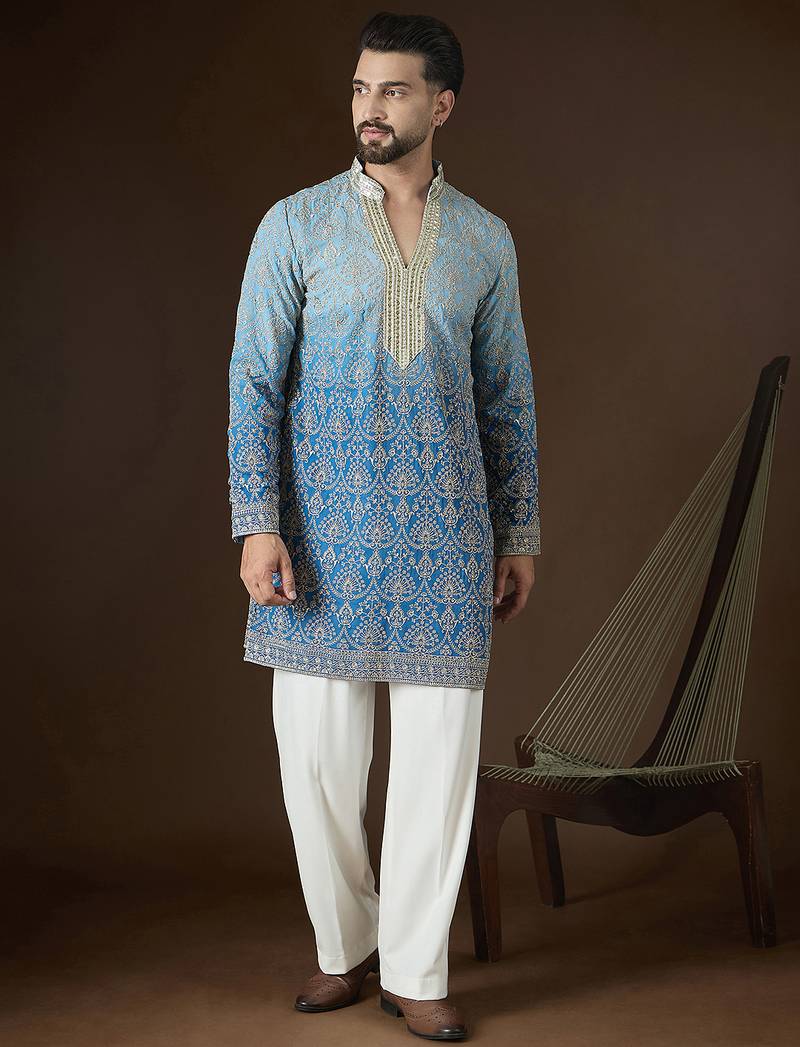 Blue georgette embroidered kurta for men | mandarin collar festive ethnic wear